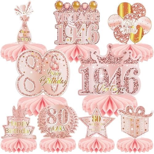 9 Pcs 80th Birthday Decoration for Women Happy 80th Birthday Table Honeycomb Decorations Rose Gold Pink Centerpieces Tables Toppers1946 Decor Cheers to 80 Years Old Birthday Party Favors