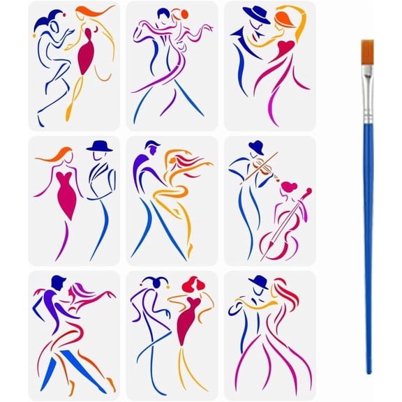 9 Pcs Abstract Line Figures Painting Stencil with Brush 8.3x11.7inch Dancing Lovers Drawing Template Woman and Man Dance DIY Decor Stencil