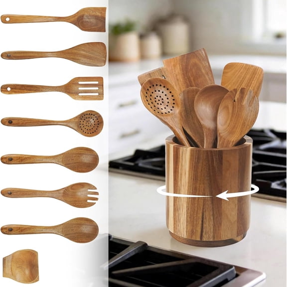 9 Pcs Acacia Wooden Kitchen Utensils Set with 360 Rotating Round Holder for Nonstick Cookware,and Cooking Spoons Spatulas,Farmhouse Style for Home Cooking