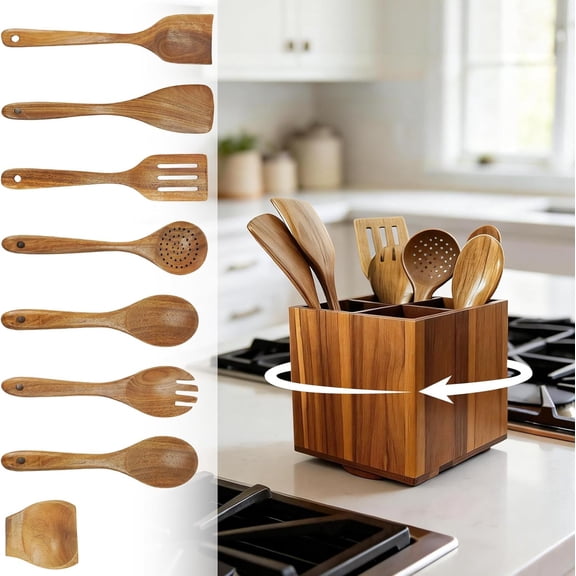 9 Pcs Acacia Wooden Kitchen Utensils Set with 4 Compartments, 360° Rotating Cooking Utensil Holder,and Cooking Spoons Spatulas for Nonstick Cookware Countertop,Farmhouse Style for Home Cooking