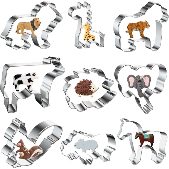 9 Pcs Animal Cookie Cutters Set, Stainless Steel Wildlife Cookie Cutters Shapes Horse Lion Giraffe Tiger Biscuit Cutters Molds for Baking Homemade Treats Zoo Themed Birthday Party Supplie