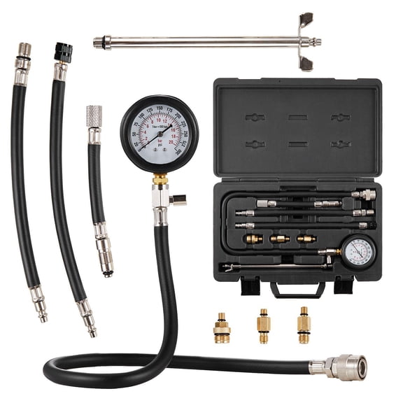 9 Pcs Automotive Engine Cylinder Leak Down Compression Test Kit with Accurate Dual Scale 0-300 psi Pressure Gauge Long Reach Hoses and Case