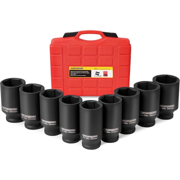 9 Pcs Axle Nut Hub Impact 1/2" Drive Deep Impact Socket Set | 29 30 31 32 33 34 35 36 38mm, 6-Point DesignLocking HoleFor Axle Nut RemovalFits Most Vehicles, Storage Case, Cr40 Steel