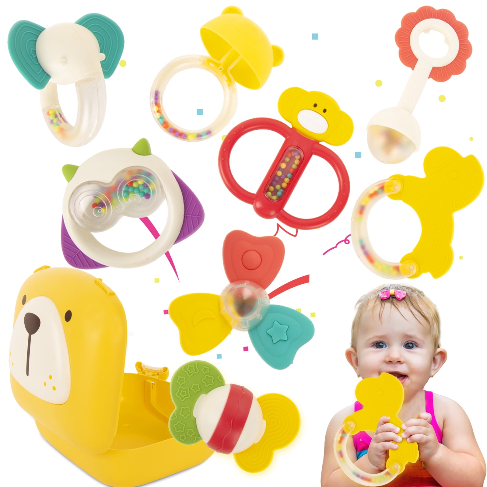 9 Pcs Baby Rattle Toys Set,Teether Teething Toys, Newborn Gifts, Baby