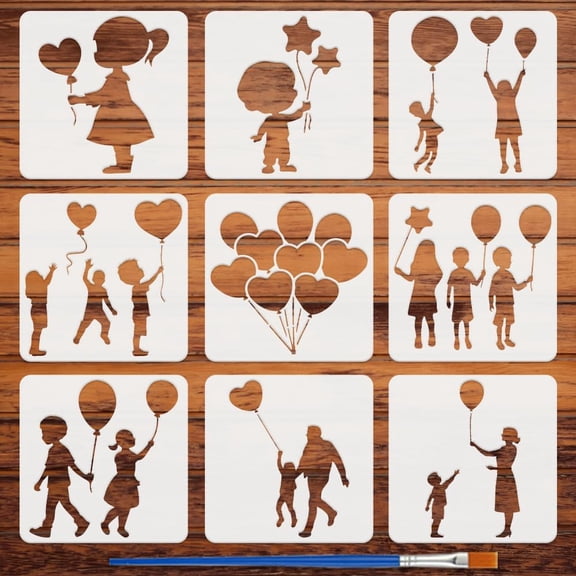 9 Pcs Balloon Figure Painting Stencil with Brush 5.9x5.9inch Little Lady and Boy Pattern Drawing Template People with Balloon DIY Stencil