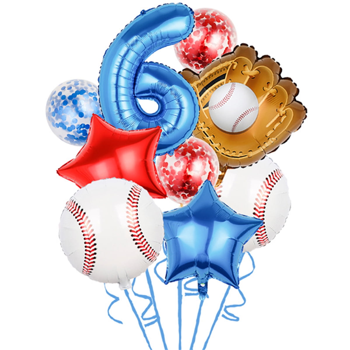 Baseball Theme Balloons Party Pack - 12 Piece Mylar & Latex Balloons, Glove, Bat, Confetti, Red Blue White