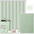 thumbnail image 1 of 9 Pcs Bathroom Accessory Set Shower Curtain and 12 Hooks Table Trash Can Soap Dispenser Soap Dish Non Slip Bathroom Rugs Cup and Cotton Swab Holder Complete for Bathroom Decor (Sage Green), 1 of 14