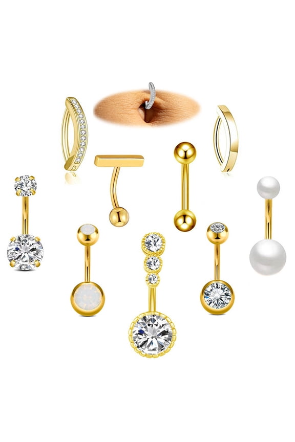 9 Pcs Belly Button Rings Set for Women, 316L Surgical Stainless Steel CZ Inlaid Clicker Navel Piercing Jewelry, 14G Standard Size Assorted Belly Piercing Pack