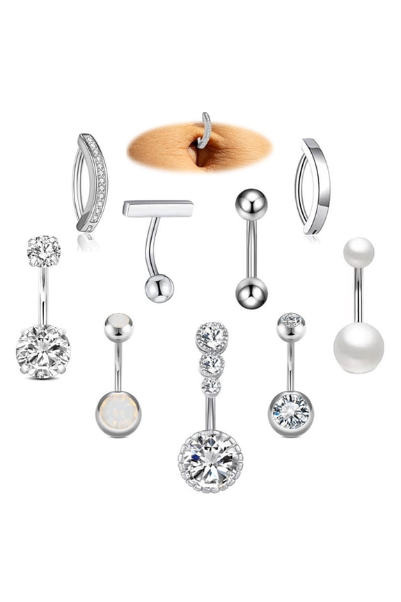 9 Pcs Belly Button Rings Set for Women, 316L Surgical Stainless Steel CZ Inlaid Clicker Navel Piercing Jewelry, 14G Standard Size Assorted Belly Piercing Pack