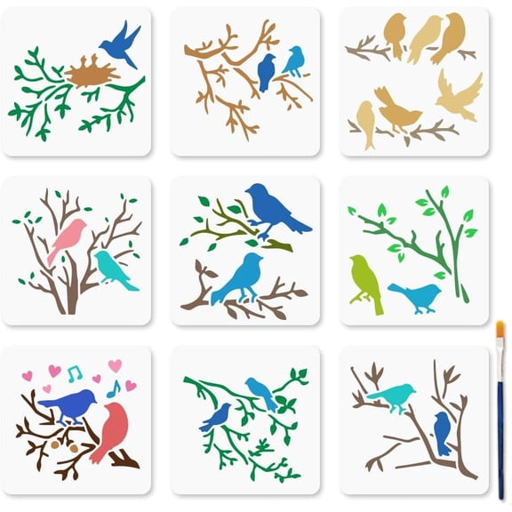 9 Pcs Birds Tree Branch Stencil Twigs Nests Stencils with Paint Brush 5.9×5.9inch Love Birds Tree Branches Animals Reusable Template for Craft on Window Wood Wall Home Decoration diy