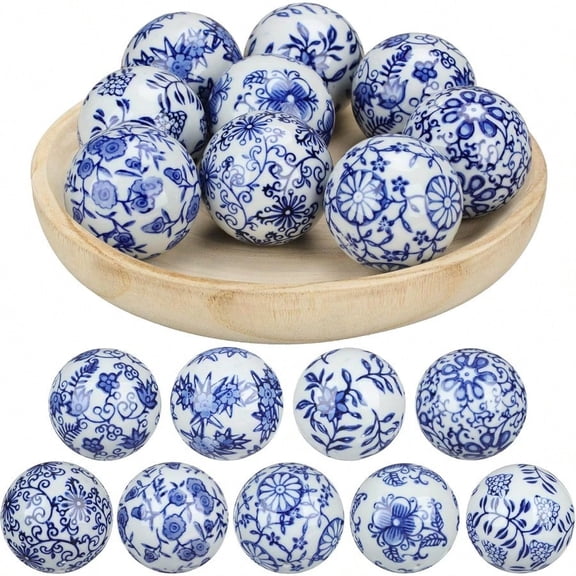 9 Pcs Blue And White Porcelain Balls Decorative Chinoiserie Orbs For Centerpiece Bowls China Ceramic Balls Farmhouse Basket Tray Vases Decoration Gifts For Dining Table Holiday Leaf Style