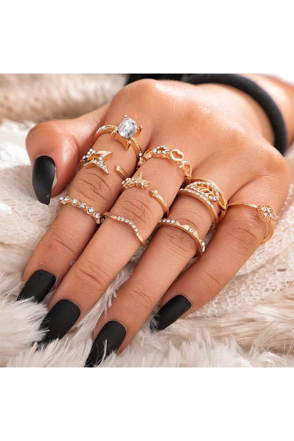 9 Pcs Bohemian Stackable Joint Knuckle Ring Set Heart Star Leaf Crystal Midi Ring Vintage Finger Rings for Women