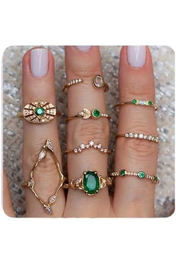 9 Pcs Bohemian Stackable Joint Knuckle Ring Set Vintage Green Crystal Finger Ring Golden Midi Ring Pack for Women