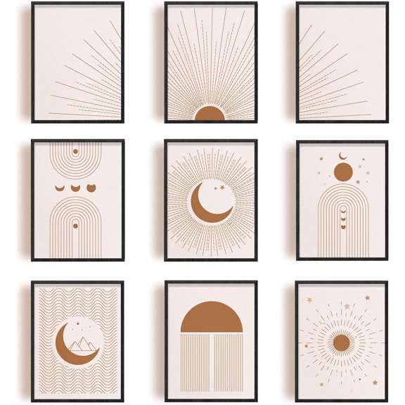 9 Pcs Bohemian Style Unframed Canvas Prints Wall Decor Abstract Geometric Canvas Wall Art Prints Sun Moon Canvas Print Painting Room Decor Wall Unframed for Living Room Bedroom