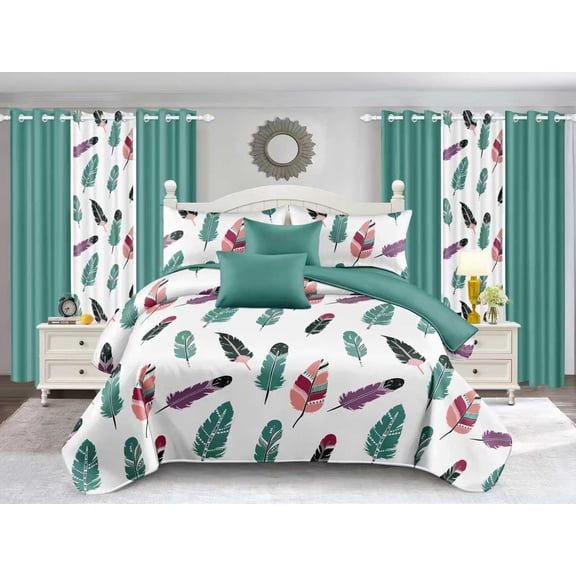9 Pcs Boho Feather Bedspread Curtain Set Queen Size, 100% Bamboo Microfiber, Teal & White Bohemian Decor with 2 Print Curtains & 4 Solid Curtains, Soft Lightweight Bedding for Bedroom, Guest Room