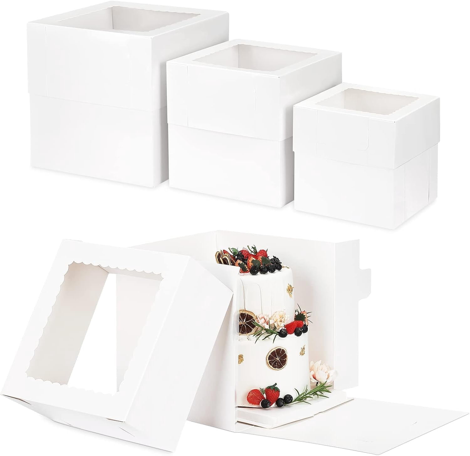 4-Pack 12x12x10 Inch Tall Cake Boxes With Window - Disposable Bakery Containers For Tiered Cakes & Desserts