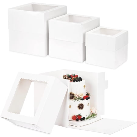 9 Pcs Cake Box, Tall Cake Boxes with Window in 3 Sizes 12x12x12 10x10x10 8x8x8 Inches, Bakery Boxes Disposable Carrier Take Out Container, 2 or 3 Tier for Birthday Christmas