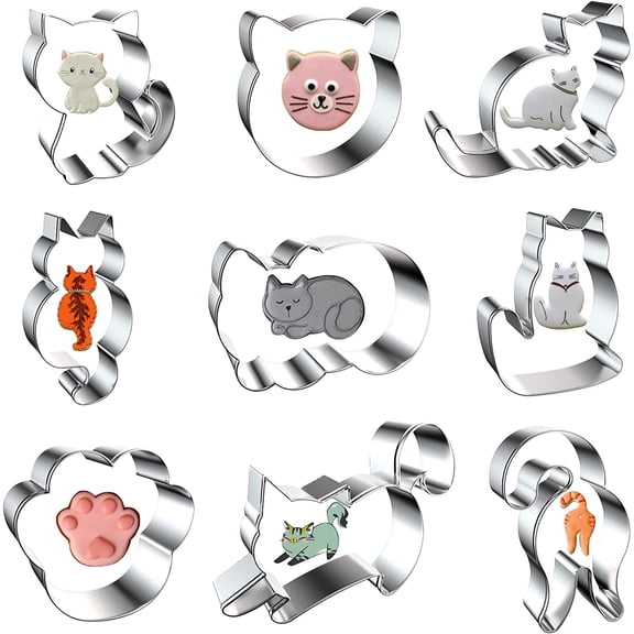 9 Pcs Cat Cookie Cutters Set, Assorted Cats Shape Stainless Steel Metal Cookie Cutter Kitten Face Butt Cats Paw Cookie Cutters Molds for Cat Theme Party Supplies Homemade Treats Baking