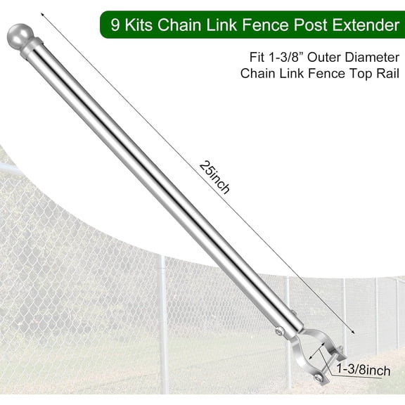 9 Pcs Chain Link Fence Post Extender 25 Inch Fence Extension Height Galvanized Chain Link Fence Extension for Privacy and Dogs (1-3/8"), Sliver, Silver