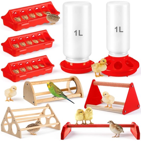 9 Pcs Chick Feeder and Waterer Kit Feeding Supplies with Mini Perch Chicken Starter Kit Small Chick Brooder Box for Chicken Duck Quail Coop Small Poultry