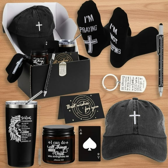 9 Pcs Christian Gifts for Men Christmas Gift for Dad Inspirational Gifts Set for Father Spiritual Religious Catholic Gift Box for Male Friends Co Workers