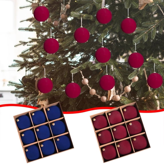 9 Pcs Christmas Baubles, Christmas Ornament Balls, 4 Inch Fabric Velvet Flocked Red Decorations, for Christmas Tree, Home, Office and Holiday Party