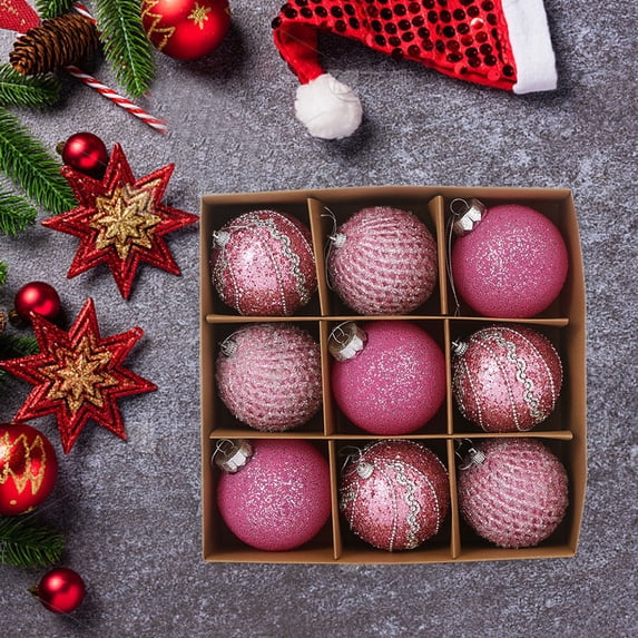 9 Pcs Christmas Ornaments Set, Pink Glitter and Matte Plastic Christmas Ball Ornament Set Shatterproof Hanging Baubles for Coordinated Tree Styling, Festive Winter Gift Decor, 3 in