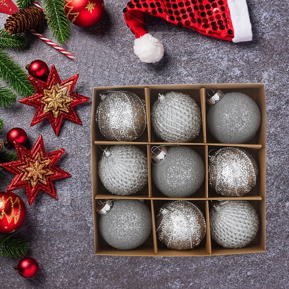 9 Pcs Christmas Ornaments Set, Silver Glitter and Matte Plastic Christmas Ball Ornament Set Shatterproof Hanging Baubles for Coordinated Tree Styling, Holiday Home Decor, 3 in