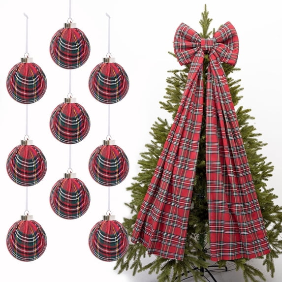 9 Pcs Christmas Tartan Plaid Balls Ornaments Set Christmas Tree Ball Rustic Farmhouse Decor, Christmas Ball Hanging Decorations for Xmas Tree, Home, Party, Holiday Christmas Decorations