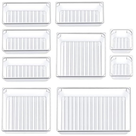 9 Pcs Clear Drawer Organizer Trays Assorted 4-Size Drawer Dividers, Versatile Storage Boxes Organiser Set