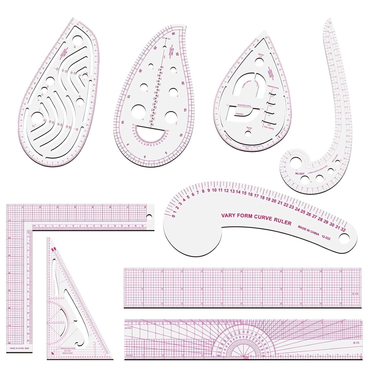 9 Pcs Clear Metric Sewing Ruler Set French Curve Pattern Making Ruler ...