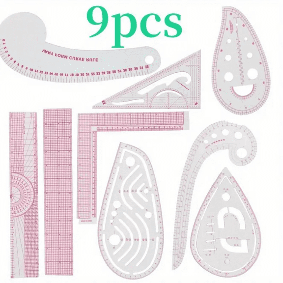 9 Pcs Clear Metric Sewing Ruler Set French Curve Pattern Making Ruler Kit for Knitting Tailors Crafting Dress Designers Sewing Beginner Supplies