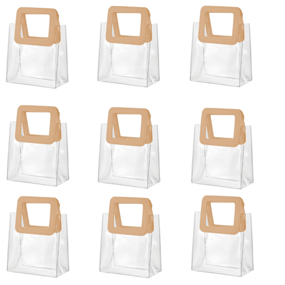 9 Pcs Clear Plastic Gift Bags with Handle, Trianu Reusable Transparent Gift Wrap Tote Bag for Shopping Boutique Wedding Birthday Baby Shower Party Favor (6.3 x 5.9 x 2.75in, Champagne)