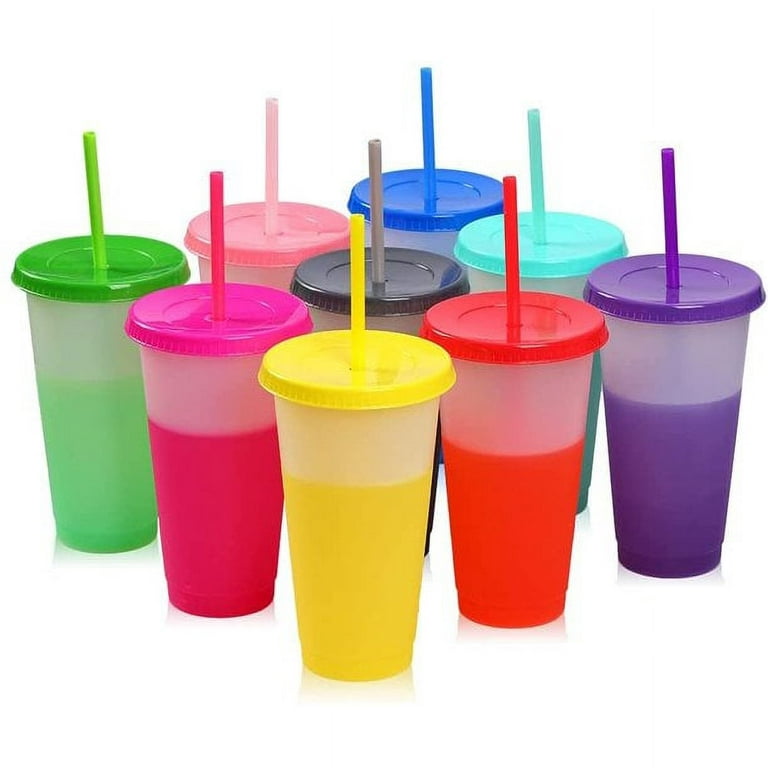 9 Pcs Color Changing Cups with Lids & Straws, 24 oz Cute Reusable Plastic Tumblers  Bulk, Party Tumbler Ice Cold Drinking Cup for Kids & Adults 