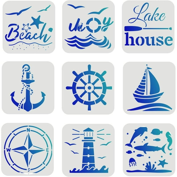 9 Pcs Compass Anchor Stencil 6x6 inch Plastic Nautical Theme Painting Stencil Sea Life Stencil Beach Sailboat Lighthouse Fish Stencils Reusable Stencils for Painting on Wood Floor Wall DIY