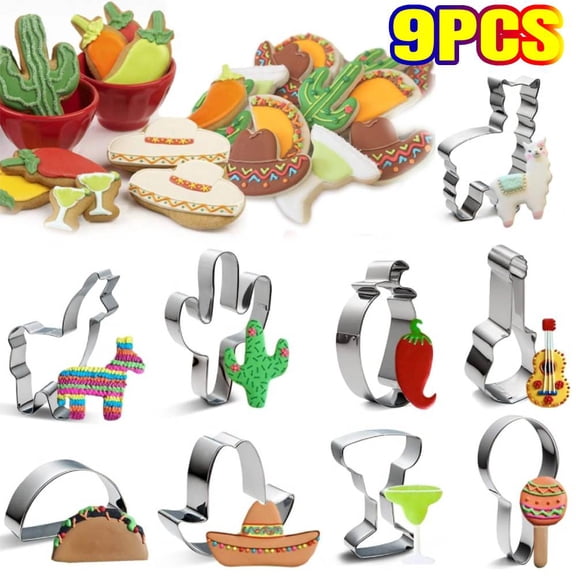 9 Pcs Cookie Cutter Set, Mayo/Mexican Fiesta Pinata Cookie Cutters Stainless Steel Cake Tool DIY Pastry Decorating, Cowboy Party Decorations