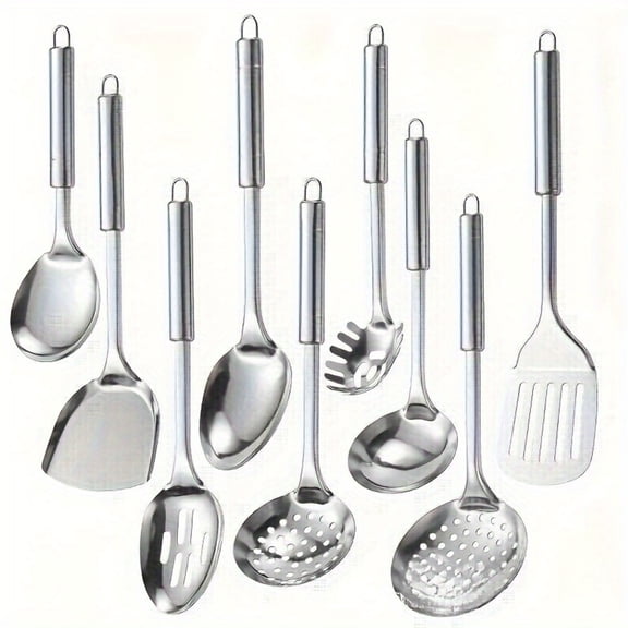  9 Pcs Cooking Utensils Set, Stainless Steel Kitchen Utensils, Heat Resistant Metal Kitchen Tools Include Solid & Slotted Turner Wok Spatula, Serving Spoon, Ergonomic Handle, Easy to Clean