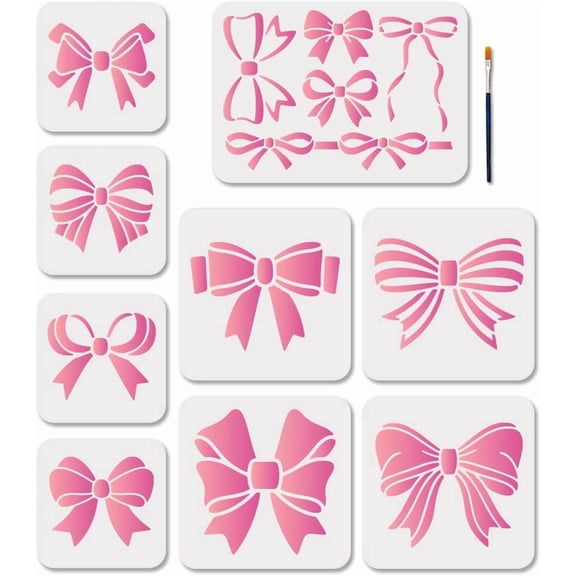 9 Pcs Coquette Stencils Lace Ribbon Painting Stencil 5.9~11.7inch Reusable Sweet Bows Drawing Template with Paint Brush Creative Craft