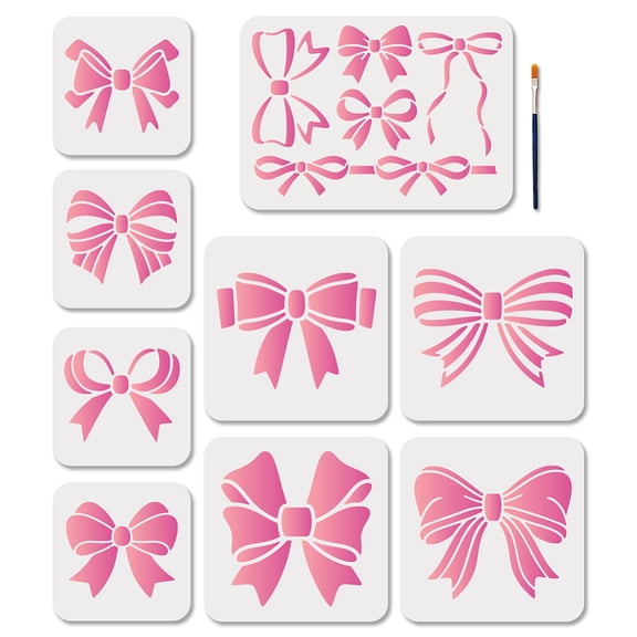 9 Pcs Coquette Stencils Lace Ribbon Painting Stencil 5.9~11.7inch Reusable Sweet Bows Drawing Template with Paint Brush