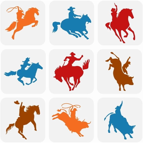 9 Pcs Cowboy Painting Stencil 5.9x5.9inch Reusable Horse Drawing Template DIY Art Rodeo Show Pattern Decoration Stencil for Painting on Wood Wall Fabric Paper Furniture diy