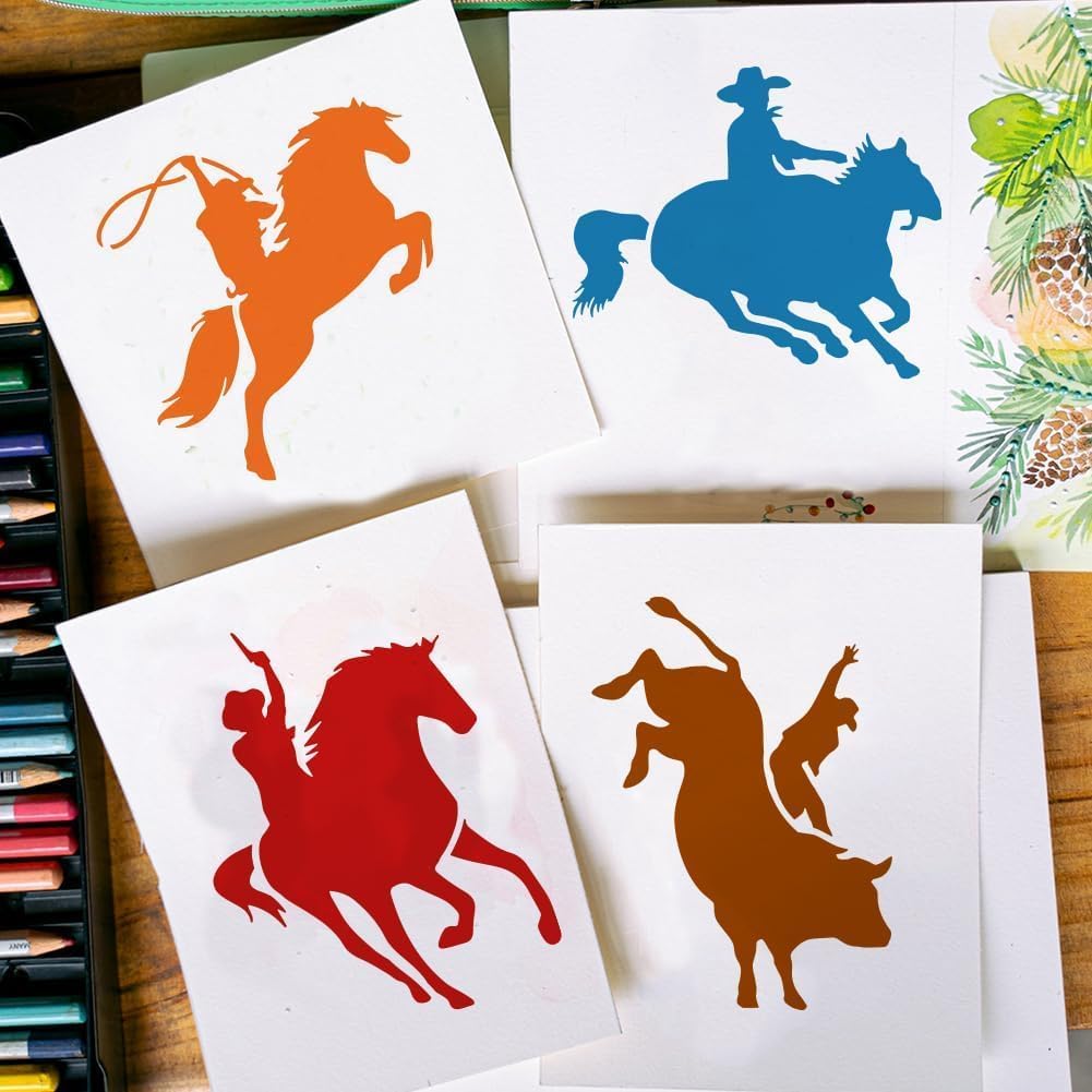 First Rodeo Stencil 9 Pcs Cowboy Painting Stencil 5.9x5.9inch Reusable Horse Drawing ...