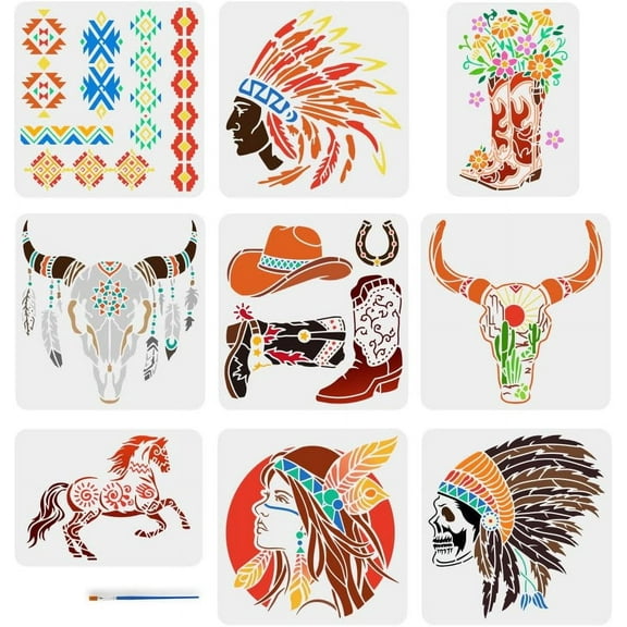 9 Pcs Cowboy Theme Drawing Stencil with A Paint Brush 2 Size Western Horse Cowboy Boots Indian Skull Cow Skull Aztec Pattern Painting Template for Painting on Wood Wall Fabric Furniture