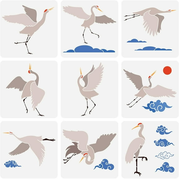9 Pcs Crane Stencil 11.8x11.8 Inch - Auspicious Clouds Template for Painting - Large Reusable Plastic Flying Crane Stencils for DIY Home Wall Furniture Decor Mixed Color