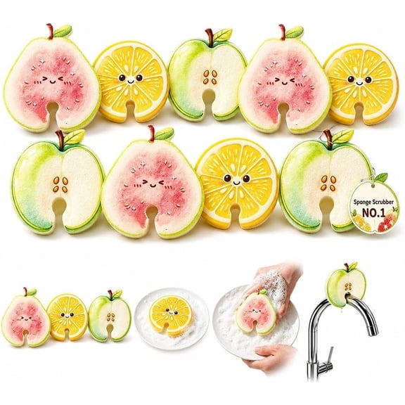 9 Pcs Cute Fruit Dishwashing Sponge Scrubber,Reusable Cellulose Kitchen Cleaning Pad, Absorbent Soft Foaming Cookware, Plates & Bowls