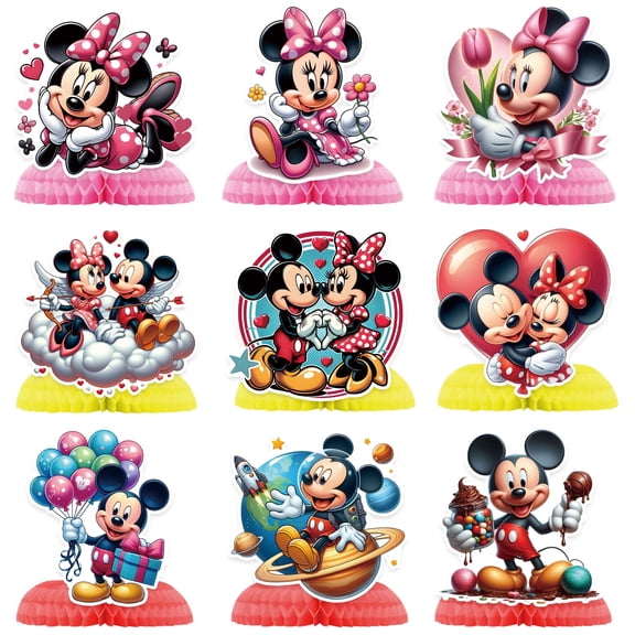 9 Pcs Cute Party Decorations, Cartoon Honeycomb Centerpieces for Mickey and Minnie Birthday Party, 3D Table Decorations Party Supplies