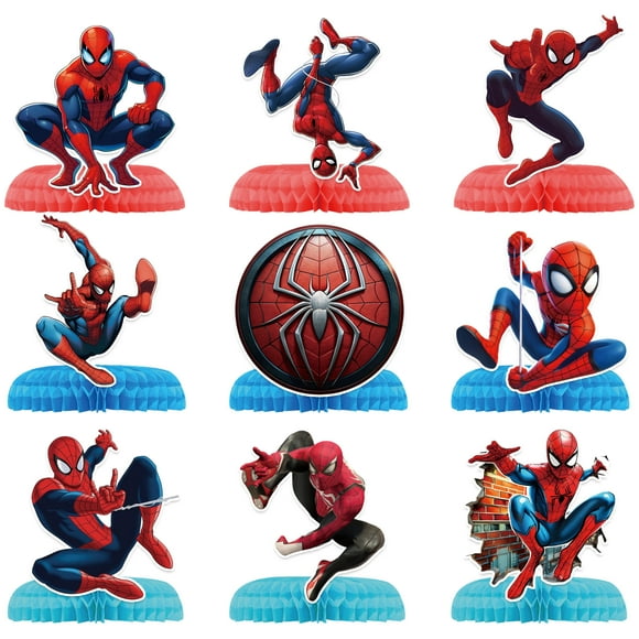 9 Pcs Cute Party Decorations, Cartoon Honeycomb Centerpieces for Spider-Man Birthday Party, 3D Table Decorations Party Supplies