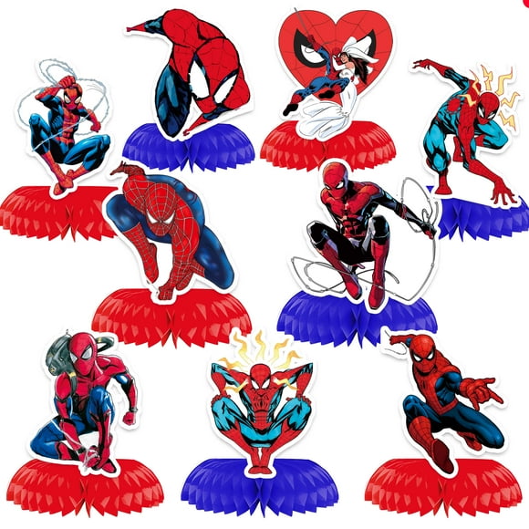 9 Pcs Cute Party Decorations, Cartoon Honeycomb Centerpieces for Spider-Man Birthday Party, 3D Table Decorations Party Supplies