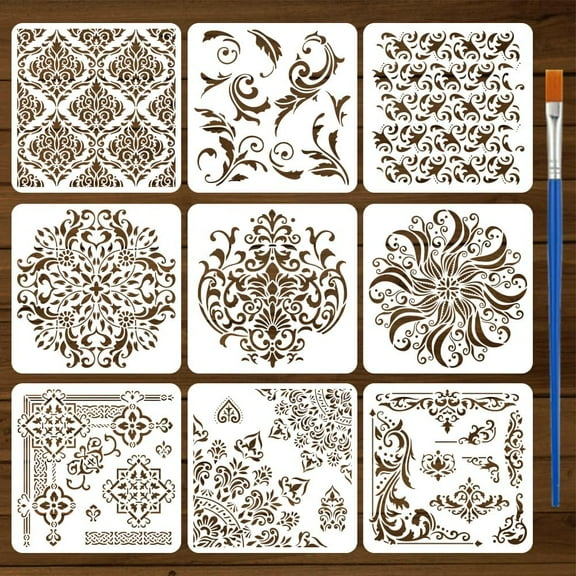 9 Pcs Damask Painting Stencil with Brush 11.8x11.8inch Mandala Flower Drawing Template Flower Corner Border Pattern DIY Decoration Stencil for Painting on Wood Wall Fabric Furniture White