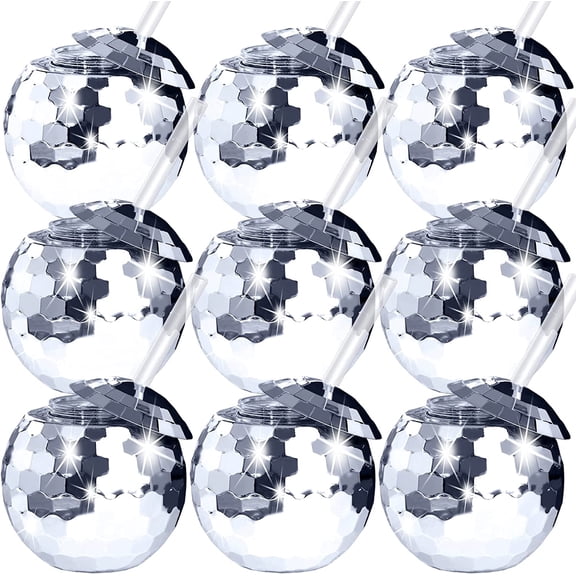 9 Pcs Disco Ball Cups, Silver Disco Cup With Lid and Straw, 20 oz