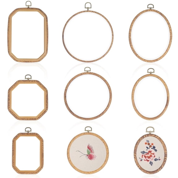 9 Pcs Embroidery Hoop Frame Imitated Wood Cross Stitch Hoop Decorative Wood Embroidery Display Frame Embroidery Ring for Art Craft Sewing Decorative Ornaments,Circle/Oval/Rectangle/Octagonal